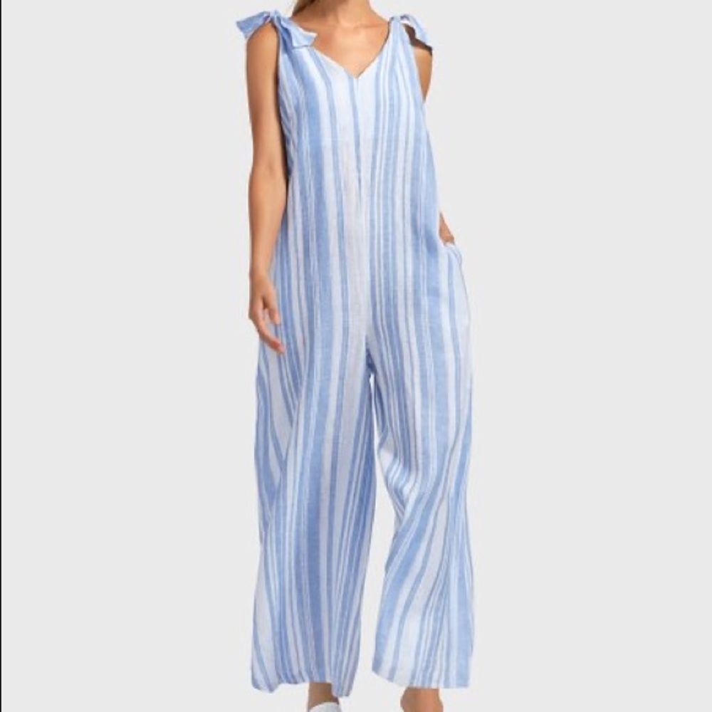 VITAMIN A - Blue Cala Stripe Marina V-Neck Jumpsuit